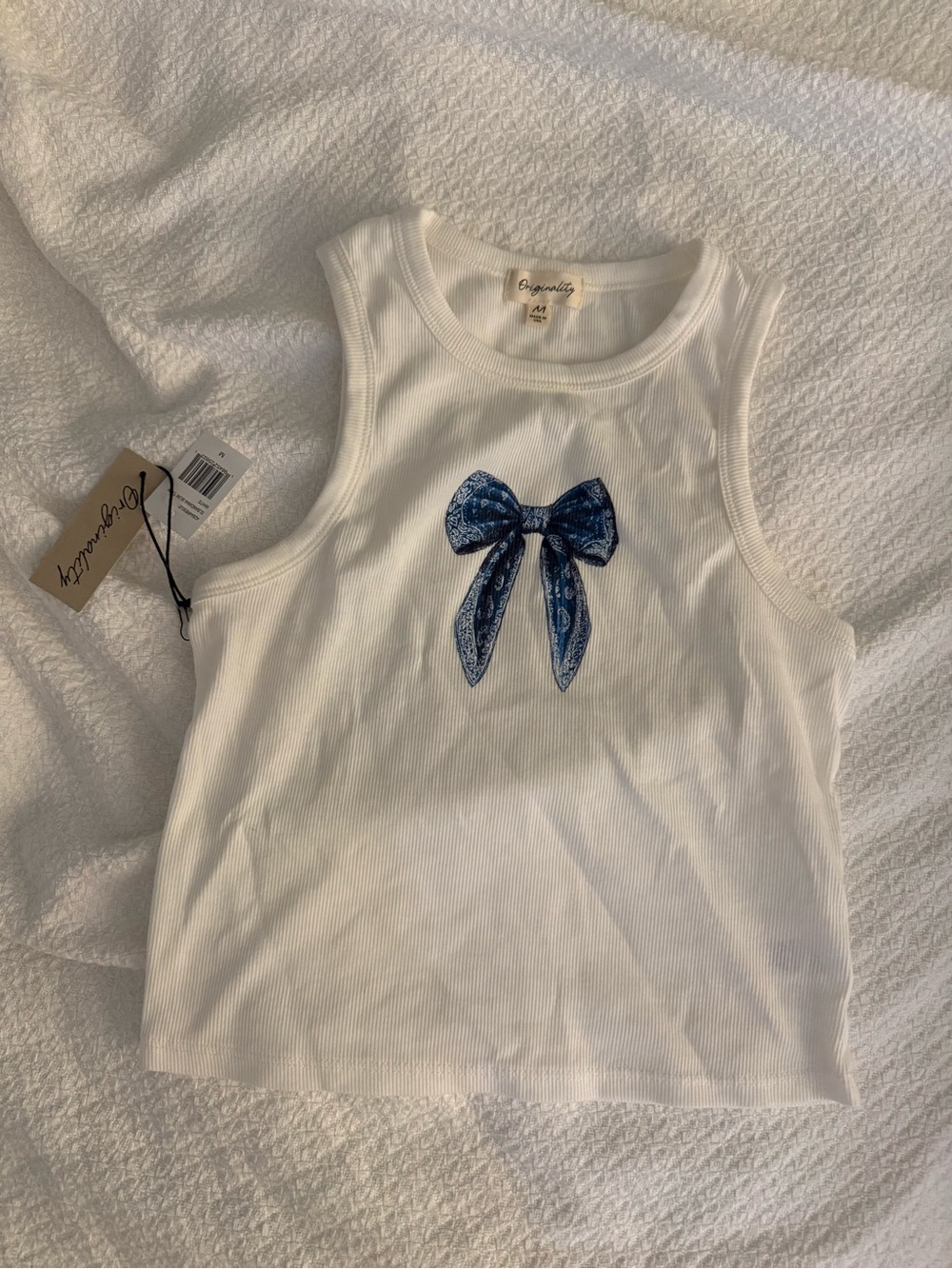 White Ribbed Tank Top with Blue Bow Graphic